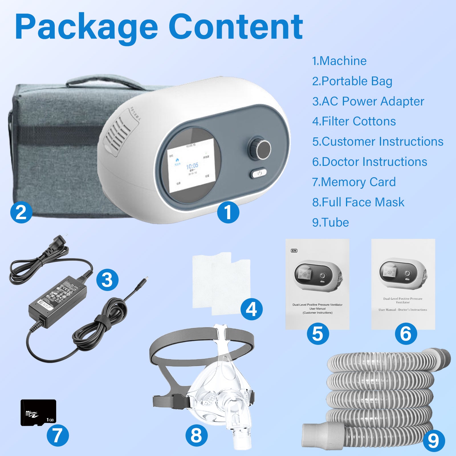 Smart Auto Dual-Level CPAP & BiPAP Machine DF-925 for Sleep Apnea - 7 Therapy Modes with Heated Humidifier & Full Face Mask