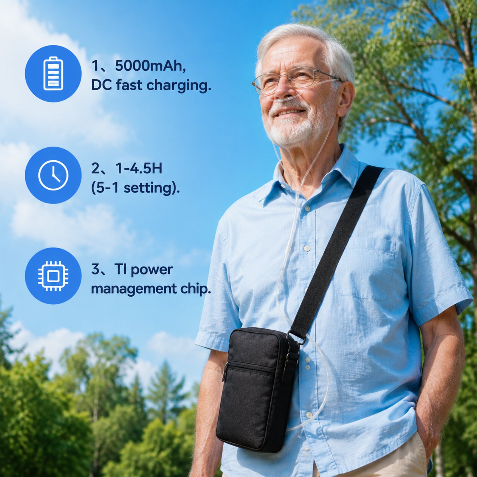 2.1kg Ultra‑Light Portable Oxygen Concentrator DF-012BX, AI Smart Pulse Mode, Stable 95% Oxygen Concentration, Removable Battery, 10‑Stage Filtration for Purified Oxygen