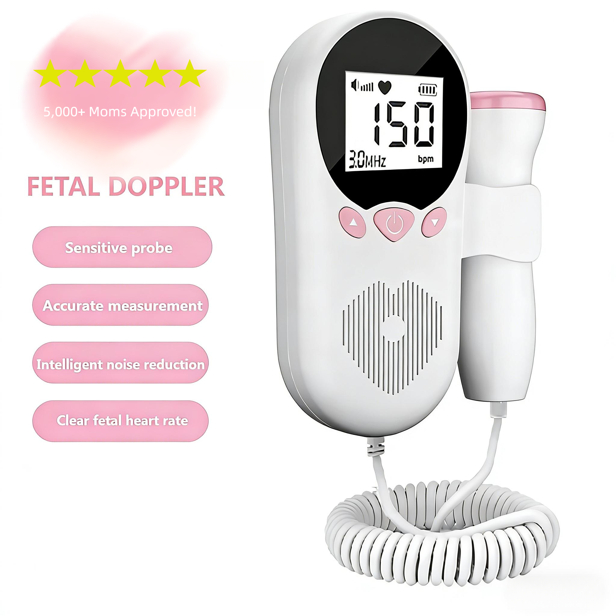 Home Fetal Doppler T502, 3.0MHz Sensitive Probe, DSP Noise Reduction, TFT Color Display, Safe for Prenatal Baby Heart Rate Monitoring at Home - O2Pura