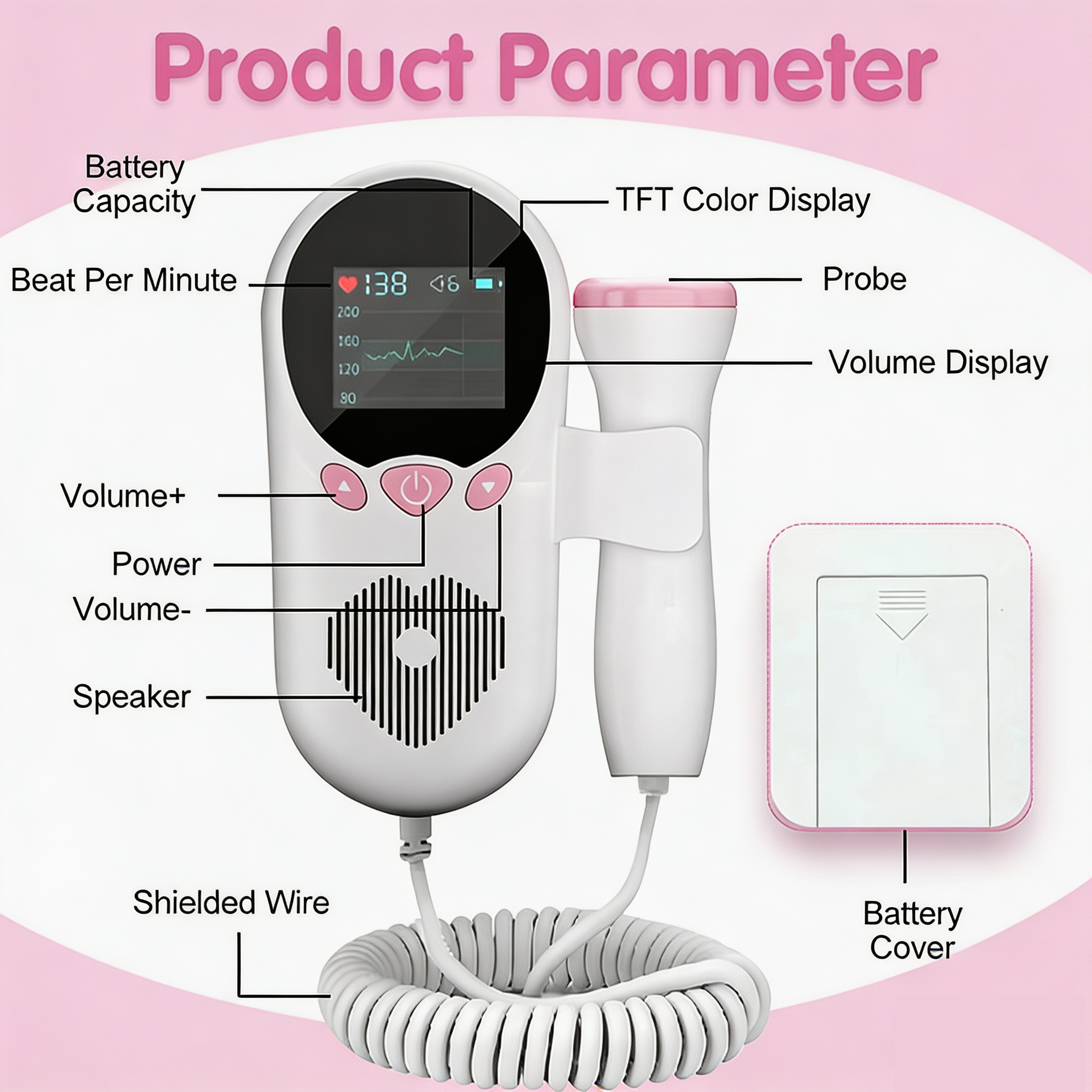 Home Fetal Doppler T502, 3.0MHz Sensitive Probe, DSP Noise Reduction, TFT Color Display, Safe for Prenatal Baby Heart Rate Monitoring at Home - O2Pura