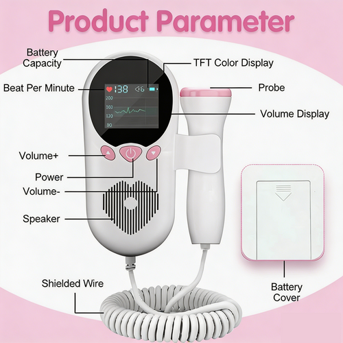 Home Fetal Doppler T502, 3.0MHz Sensitive Probe, DSP Noise Reduction, TFT Color Display, Safe for Prenatal Baby Heart Rate Monitoring at Home - O2Pura