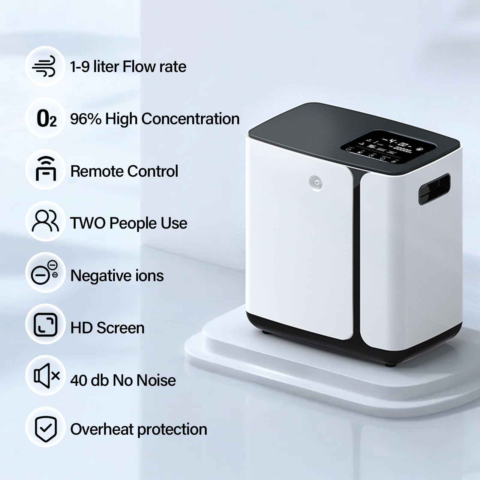 Oxygen Concentrator DF-10 1-9L Adjustable  - 96% High Concentration, with HD Touch Screen & Remote Control - O2Pura